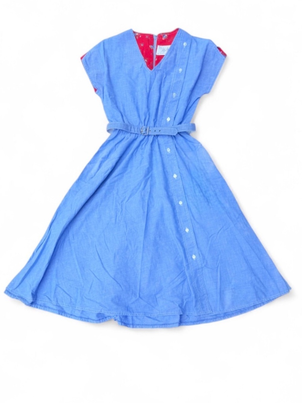 Vintage Alfred Werber Blue Chambray Dress Asymmetrical Button Belted Size 12